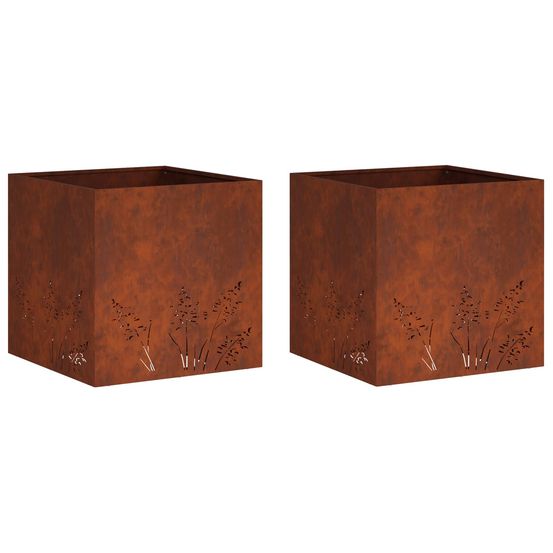 Cache-pot de jardin 2 pc rouillé 50 x 50 x 49 cm acier patiné