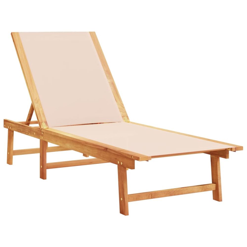 Chaise longue crème bois d'acacia solide et textilène bain de soleil