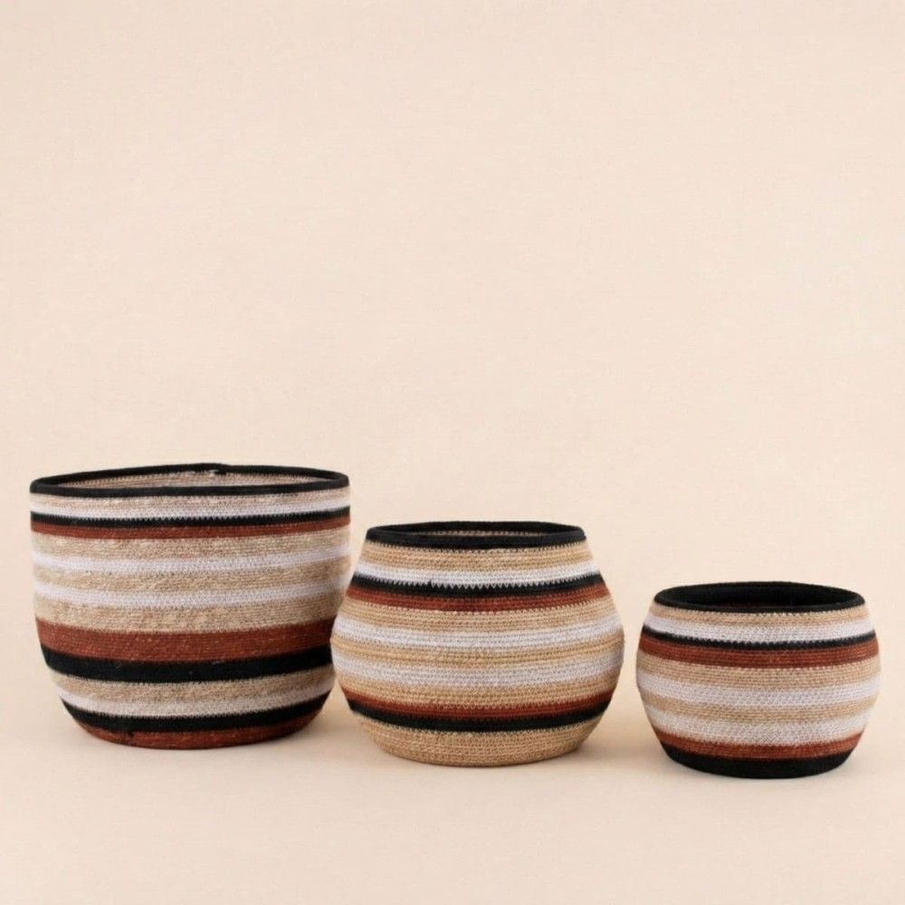 Set de 3 paniers bas rayés en herbes marines marron et beige
