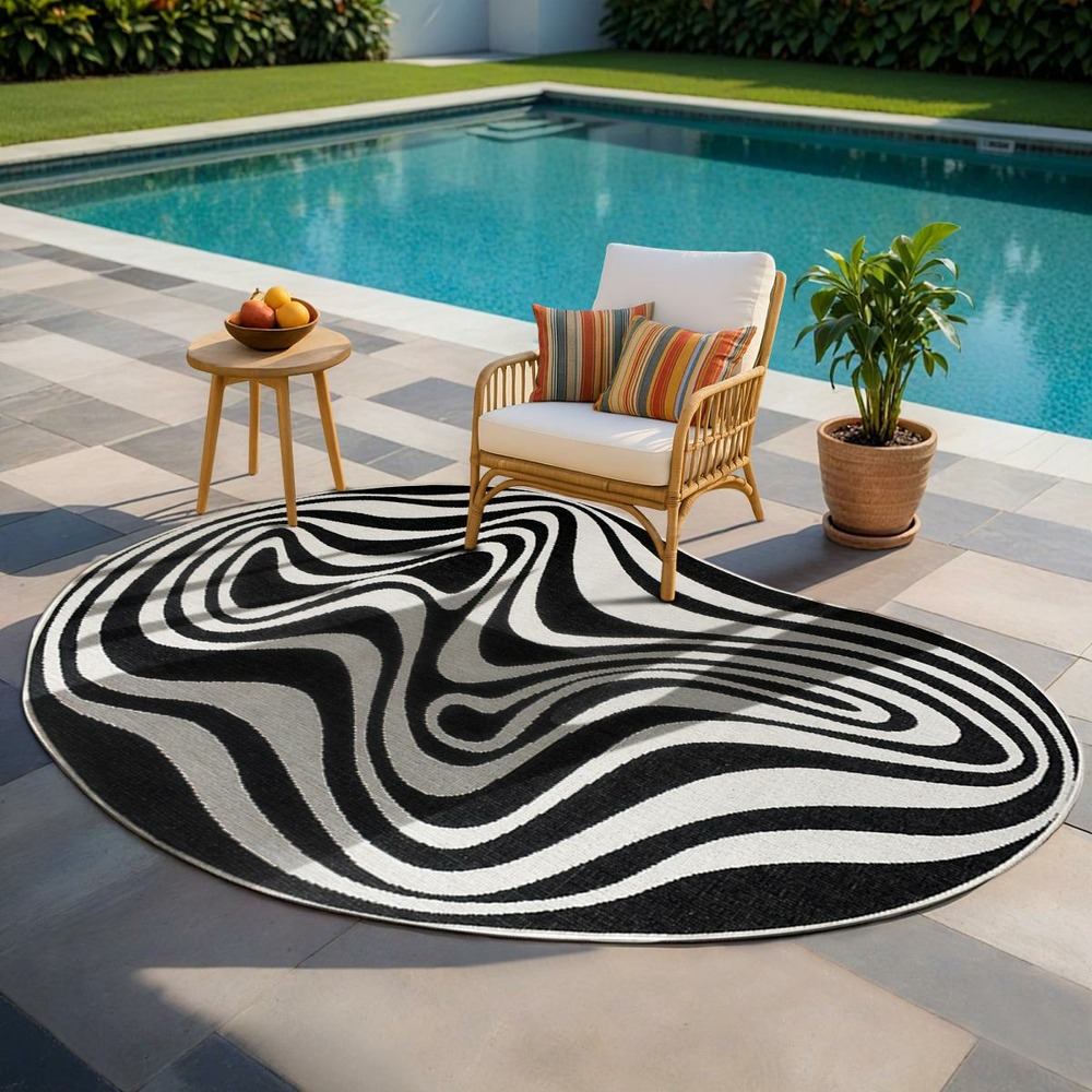 Tapis rond d'extérieur, kilim reversible 160x230 lyn2 w reversible noir et blanc