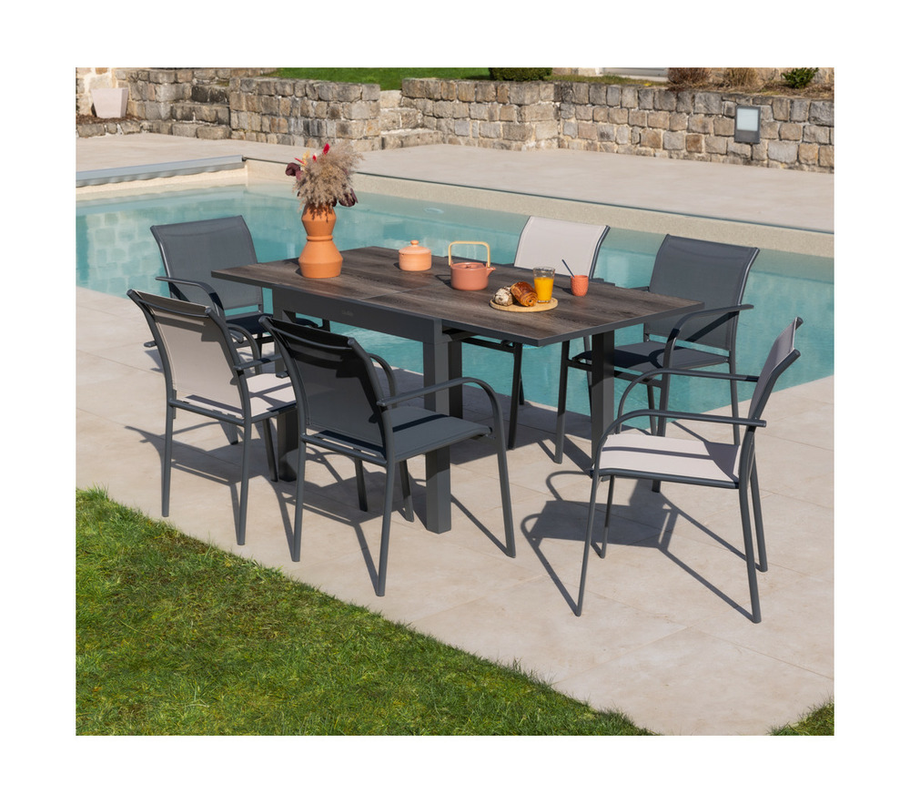 Ensemble table et chaises de jardin - 6 places - anthracite et lin - honfleur beziers chene