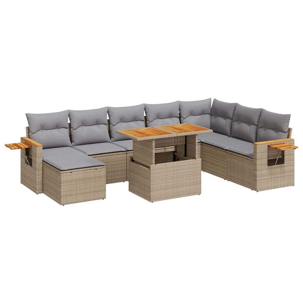 Salon de jardin avec coussins 9 pcs beige résine tressée acacia