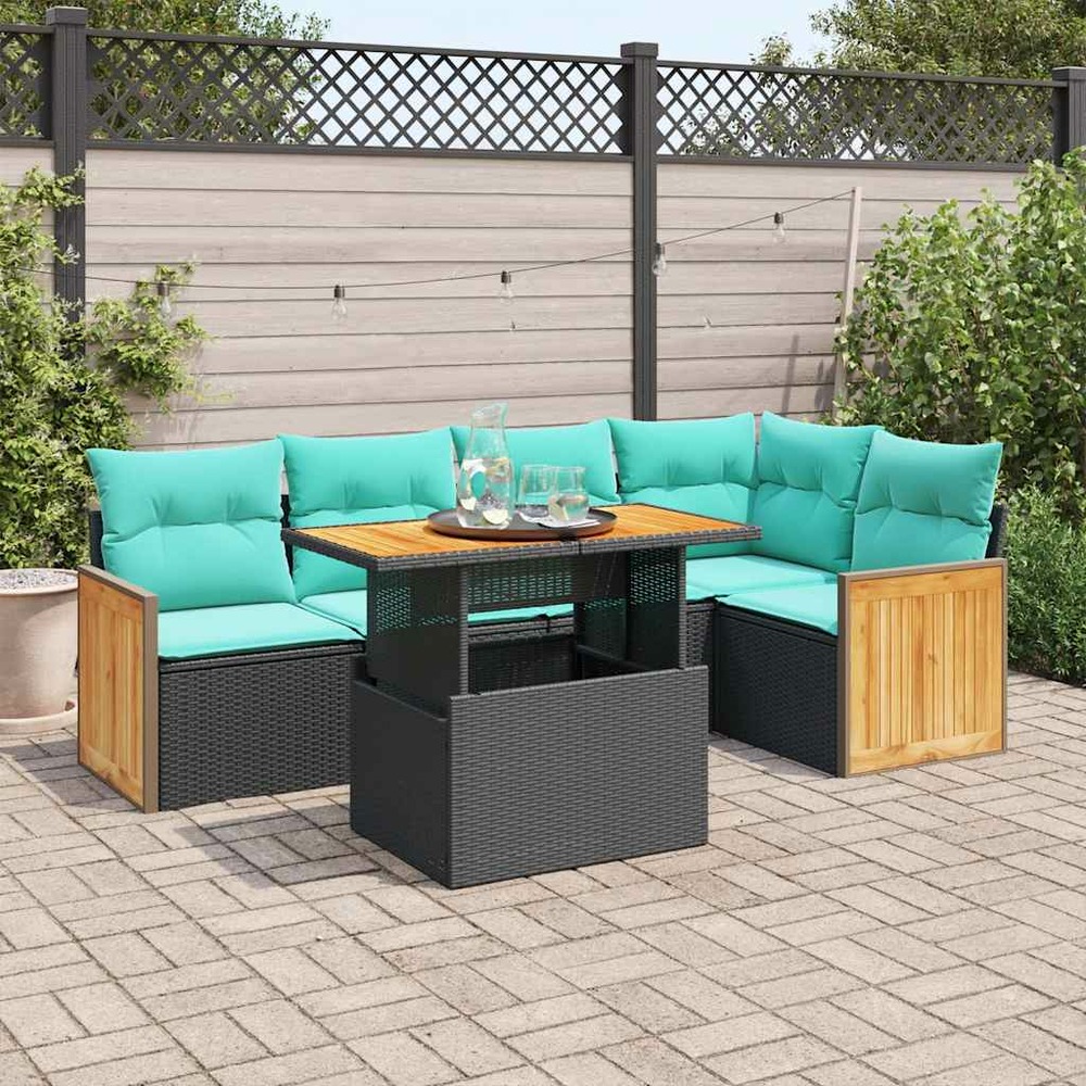 Salon de jardin 6 pcs avec coussins noir résine tressée acacia