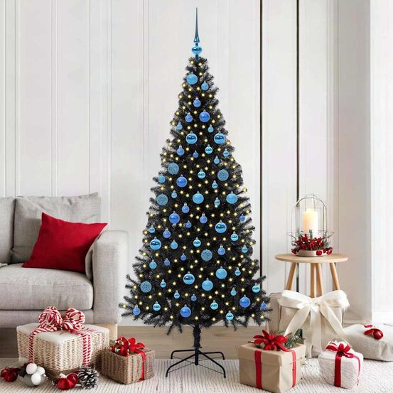 Sapin de noël élégant noir 180 cm, prêt à installer avec led et 120 décorations
