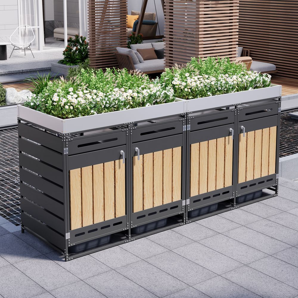 Cache-poubelle 4 portes acier jardin extérieur avec jardinière 262x120cm noir aspect bois - comfortxl outdoor living