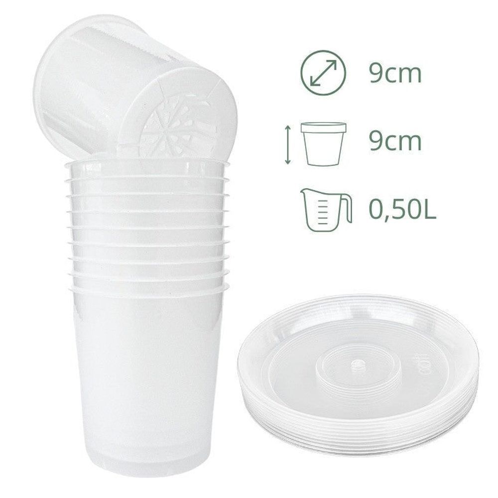 Lot x10 pots transparents - pot de 9cm - pots avec soucoupes adaptées