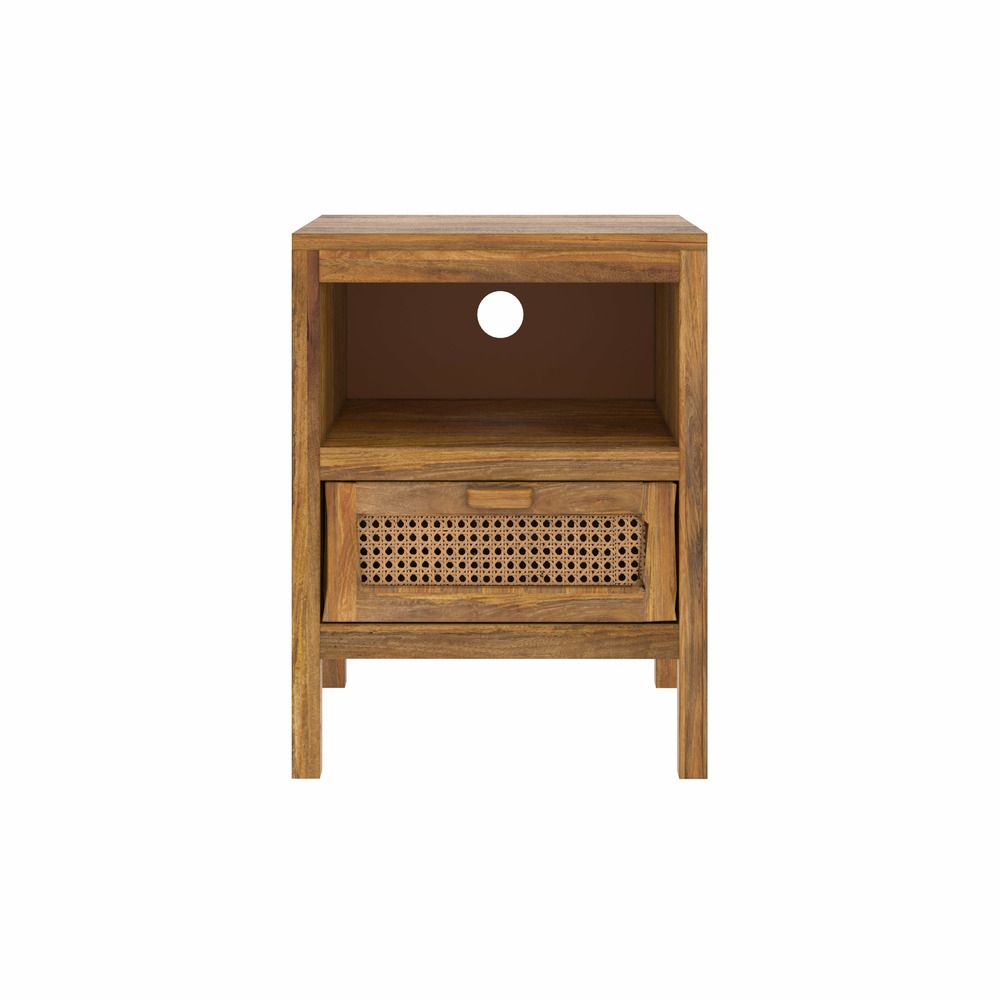 Tiki-table de chevet en cannage et bois, 1 tiroir et 1 niche