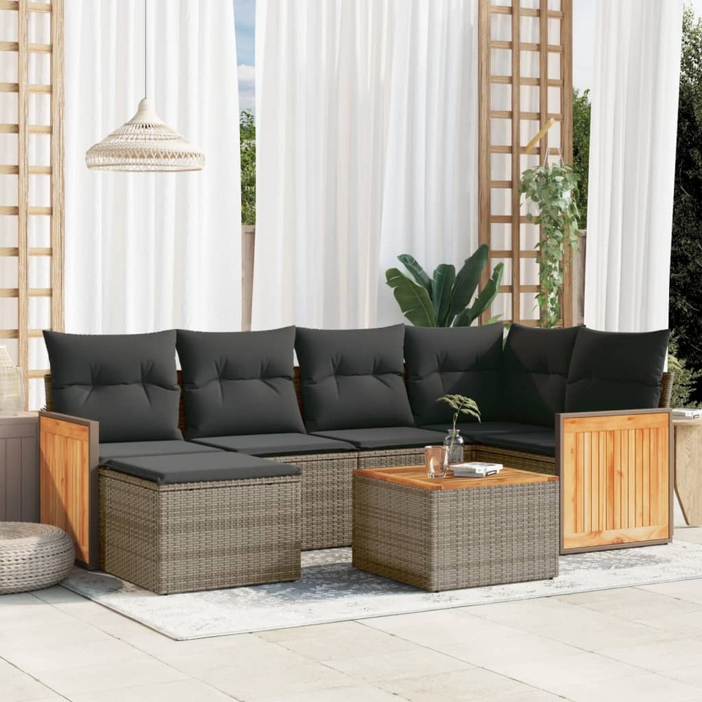 Salon de jardin avec coussins 7 pcs gris résine tressée