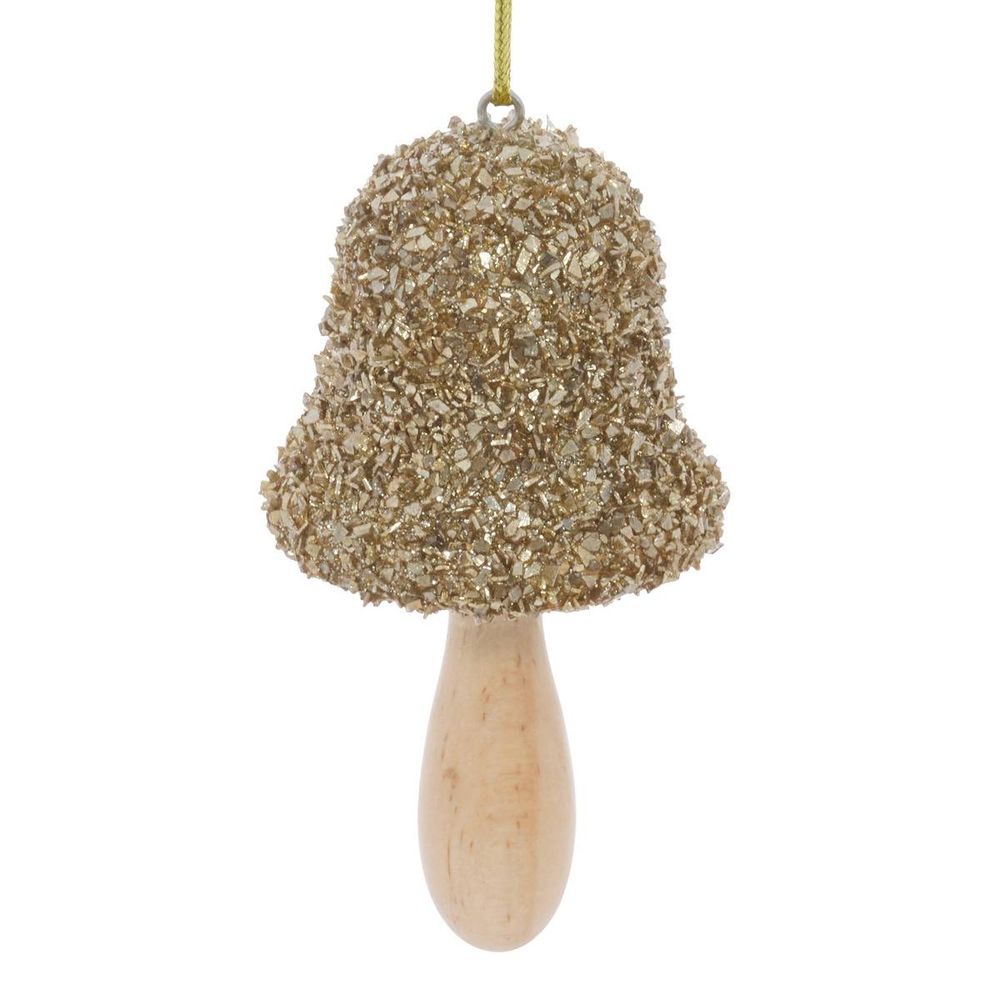 Suspension de sapin champignon en bois pailleté doré 9 cm