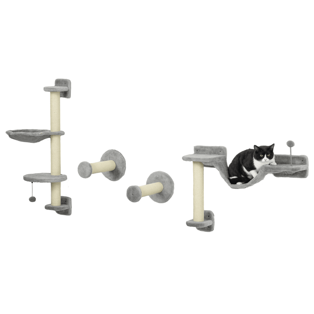 Arbre chat parcours mural bois sisal pour grimper griffer jouer 4 pièces gris