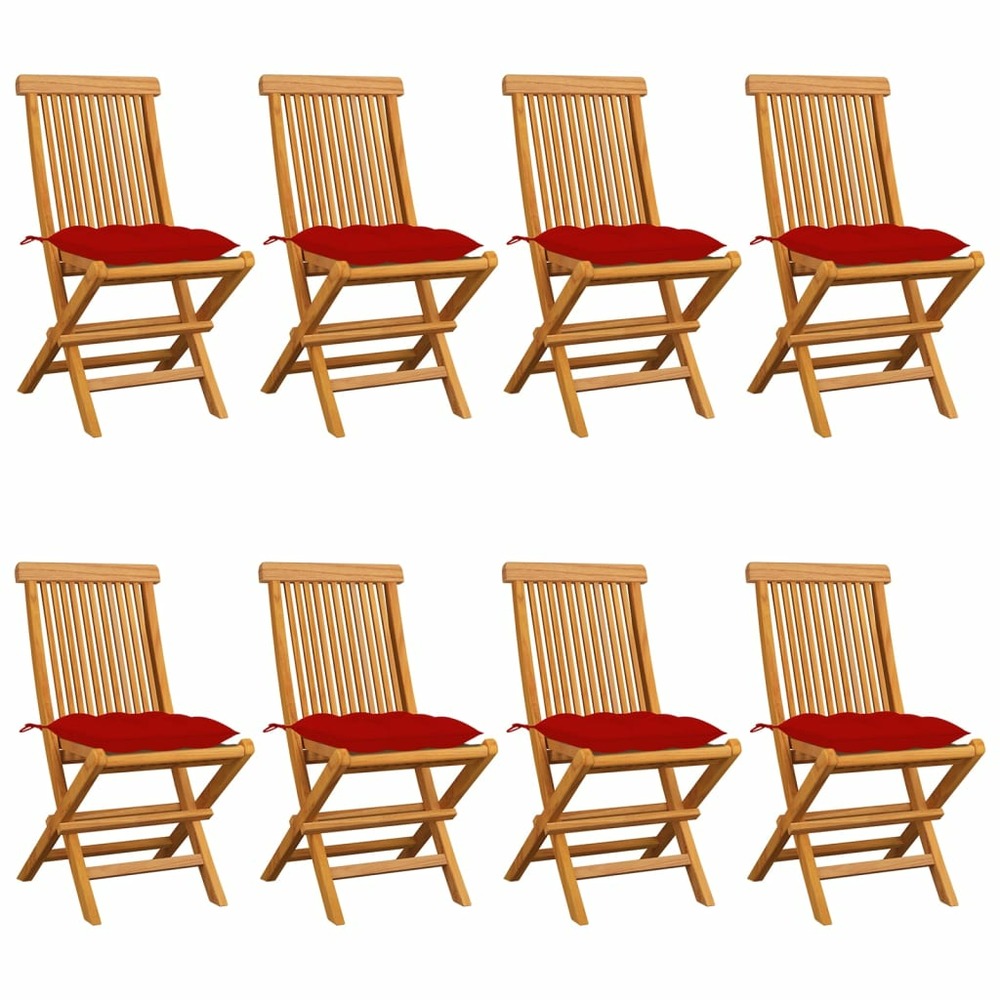 Chaises de jardin avec coussins rouge 8 pcs bois de teck massif