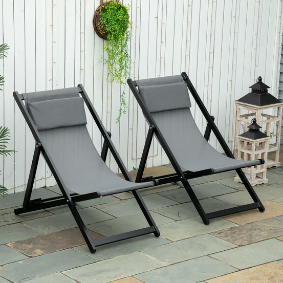 Lot de 2 bain de soleil, chaise longue pliante avec appuie-tête en textilène inclinable 60 x 100 x 85 cm gris foncé