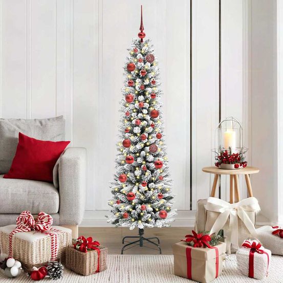 Sapin lumineux 150 cm effet neige, 150 led 8 modes et kit décoration complet