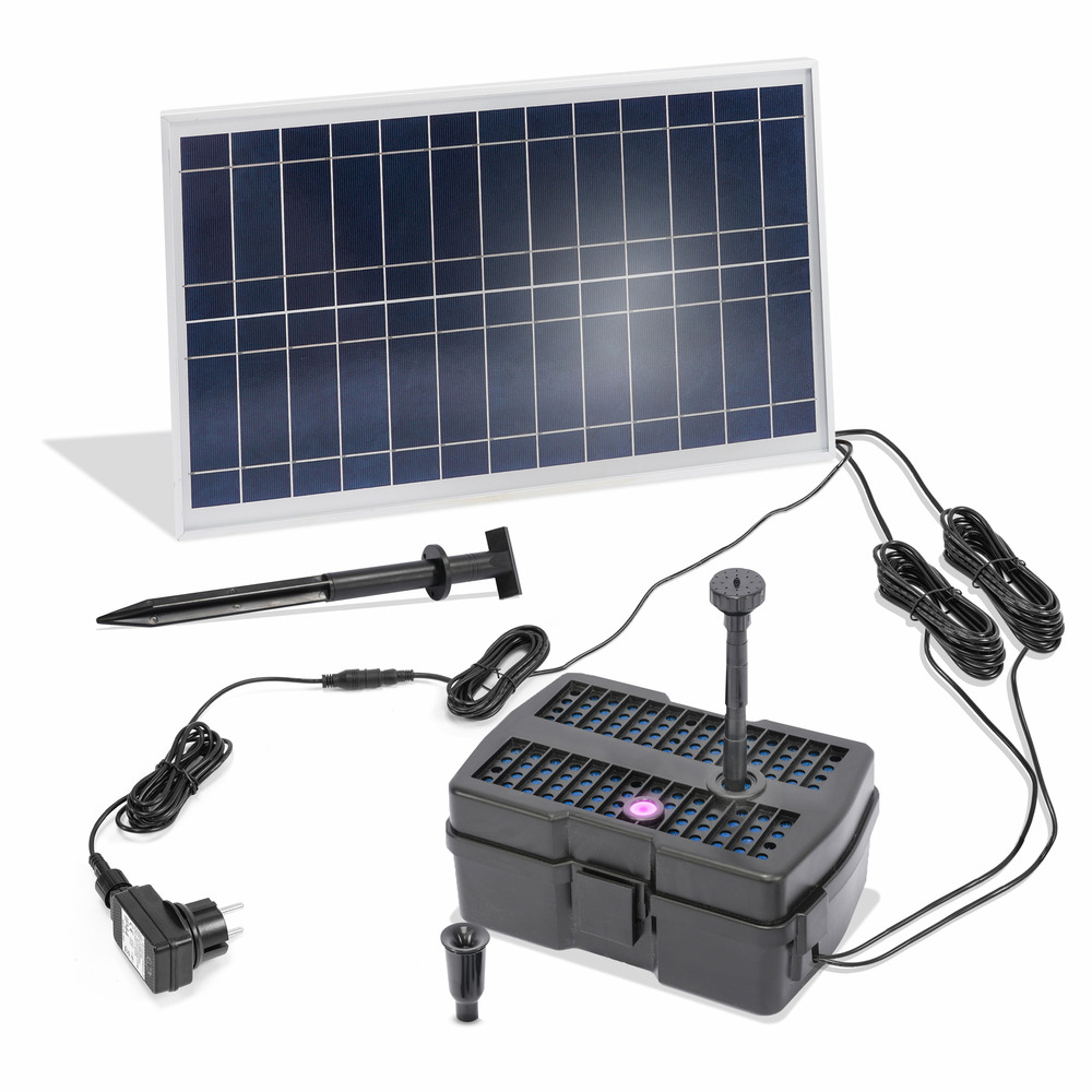 Kit pompe bassin solaire avec filtre uv : jet d eau 800l - 15w