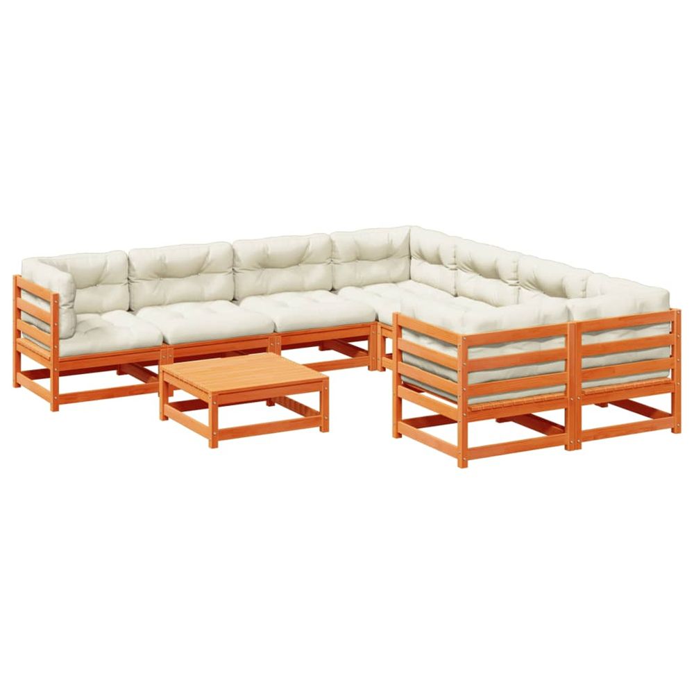 Salon de jardin 9 pcs avec coussins marron cire bois pin massif