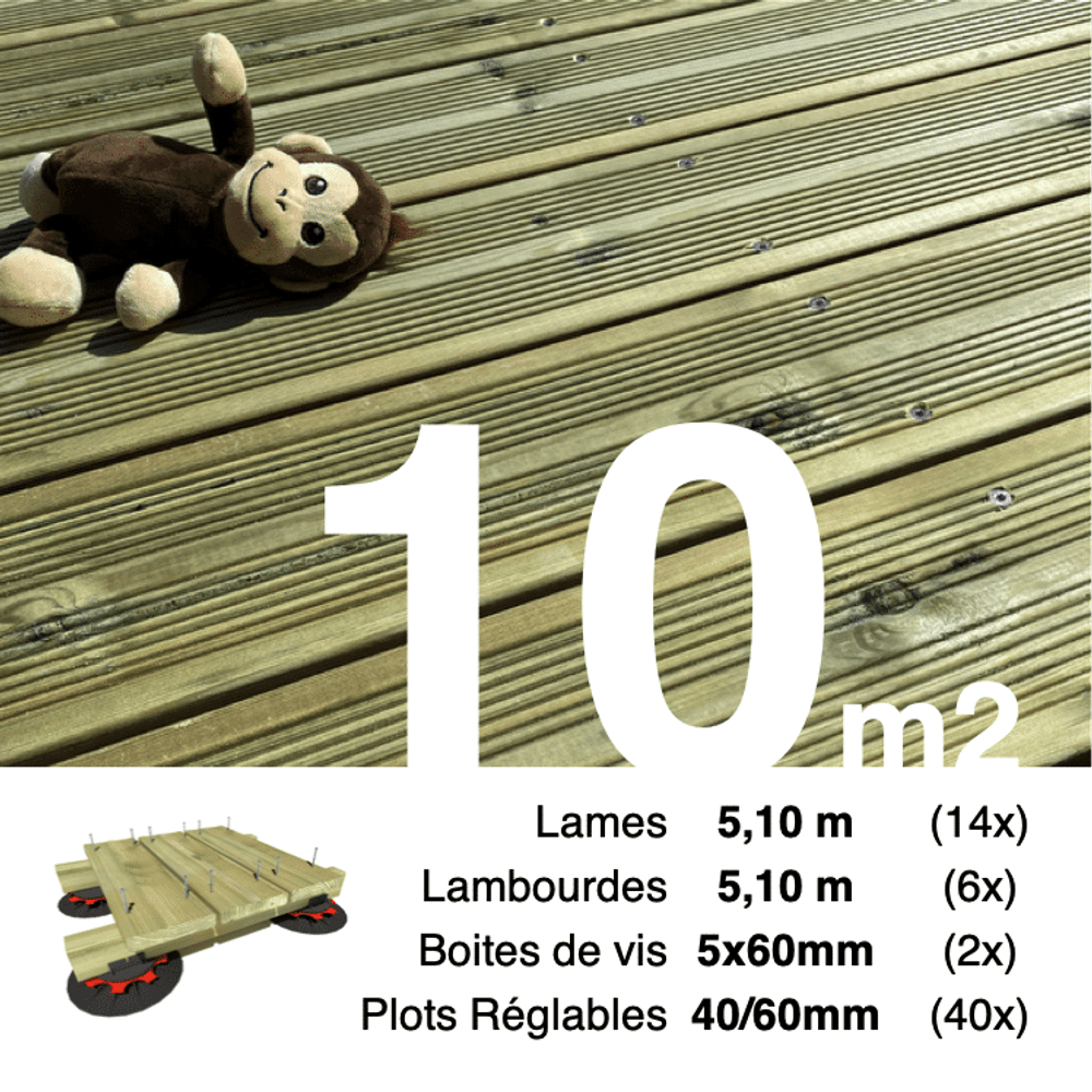 Kit complet terrasse pin autoclave vert pour 10 m², lames 5,1 m, lambourdes 5,1 m, plots réglables et visserie inox.