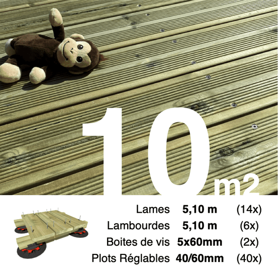 Kit complet terrasse pin autoclave vert pour 10 m², lames 5,1 m, lambourdes 5,1 m, plots réglables et visserie inox.
