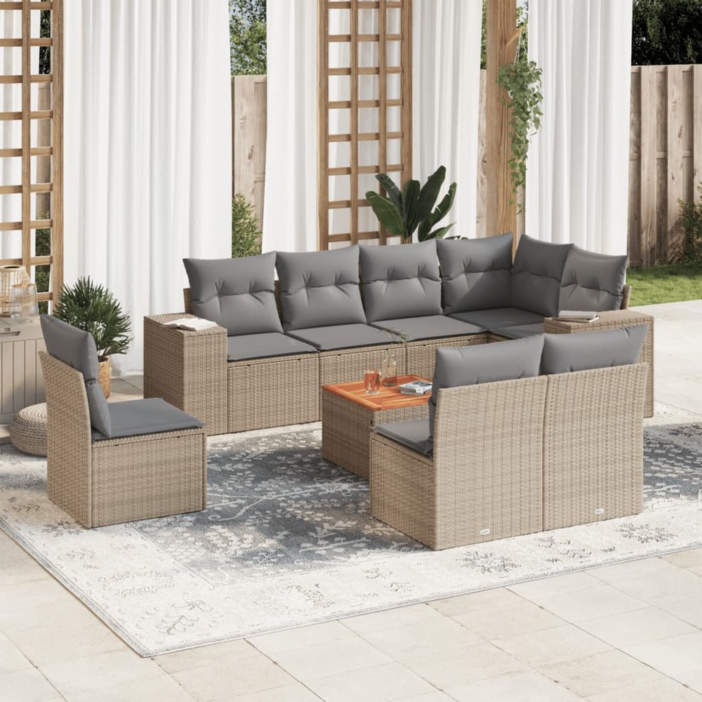Salon de jardin avec coussins 9 pcs beige résine tressée