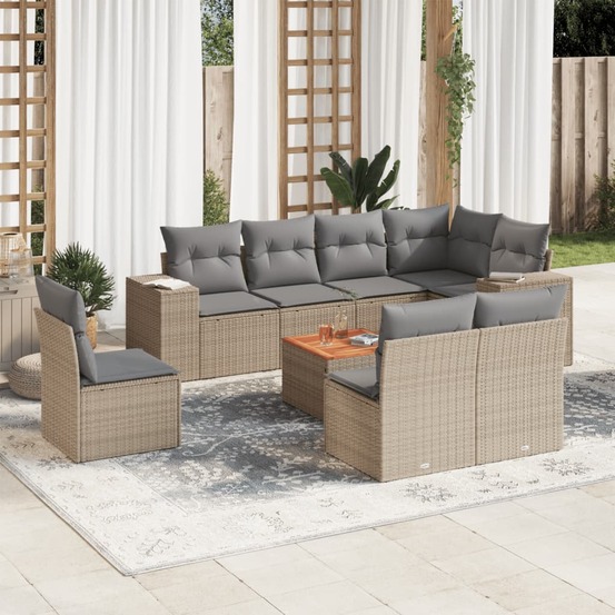 Salon de jardin avec coussins 9 pcs beige résine tressée