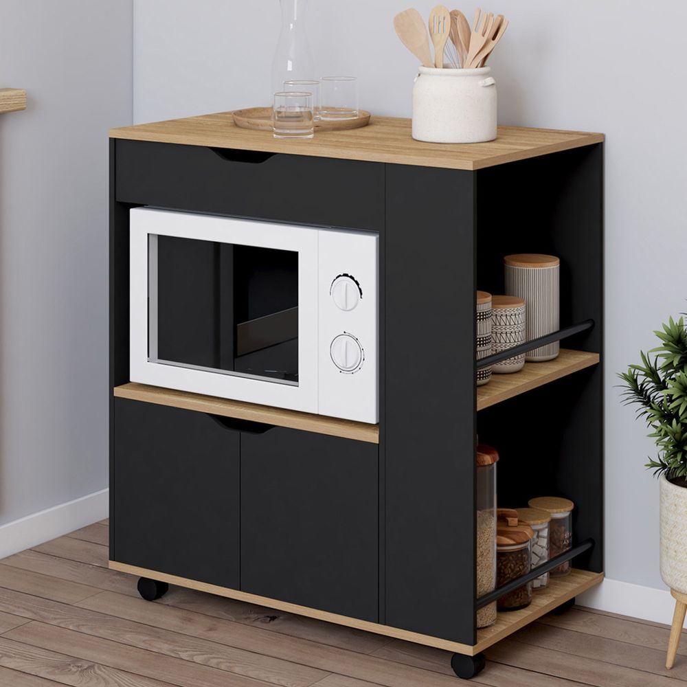 Desserte micro-onde de cuisine cosi placard avec tioir et étagères à épices bois noir et plateaux façon hêtre l.76 cm