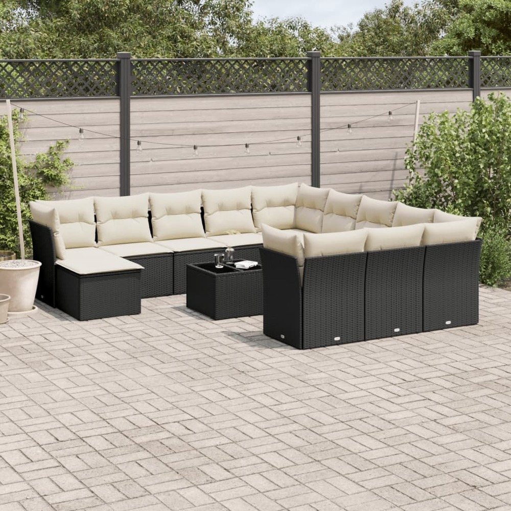 Salon de jardin avec coussins 13 pcs noir résine tressée