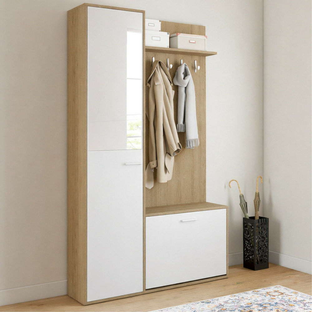 Vestiaire d'entrée rangement chaussures avec miroir et étagères mahaut 1 porte effet bois et blanc