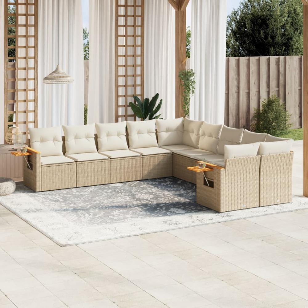 Salon de jardin avec coussins 10 pcs beige résine tressée