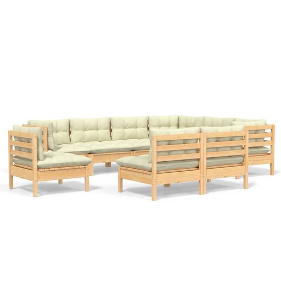 Salon de jardin 9 pcs avec coussins crème bois de pin massif