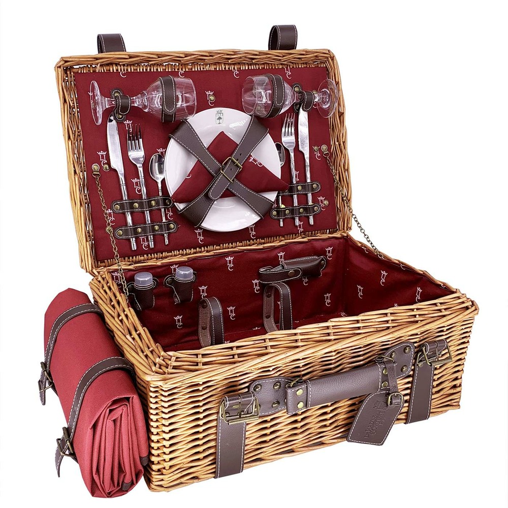 Malle pique-nique osier et cuir champs-elysées bordeaux - 2 personnes