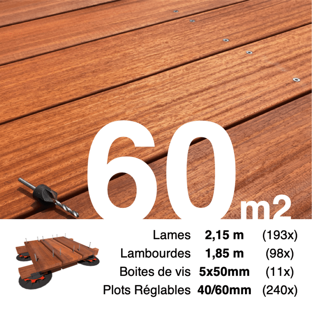 Kit complet terrasse bois exotique padouk pour 60 m², lames 2,15 m, lambourdes 1,85 m, plots réglables et visserie inox.