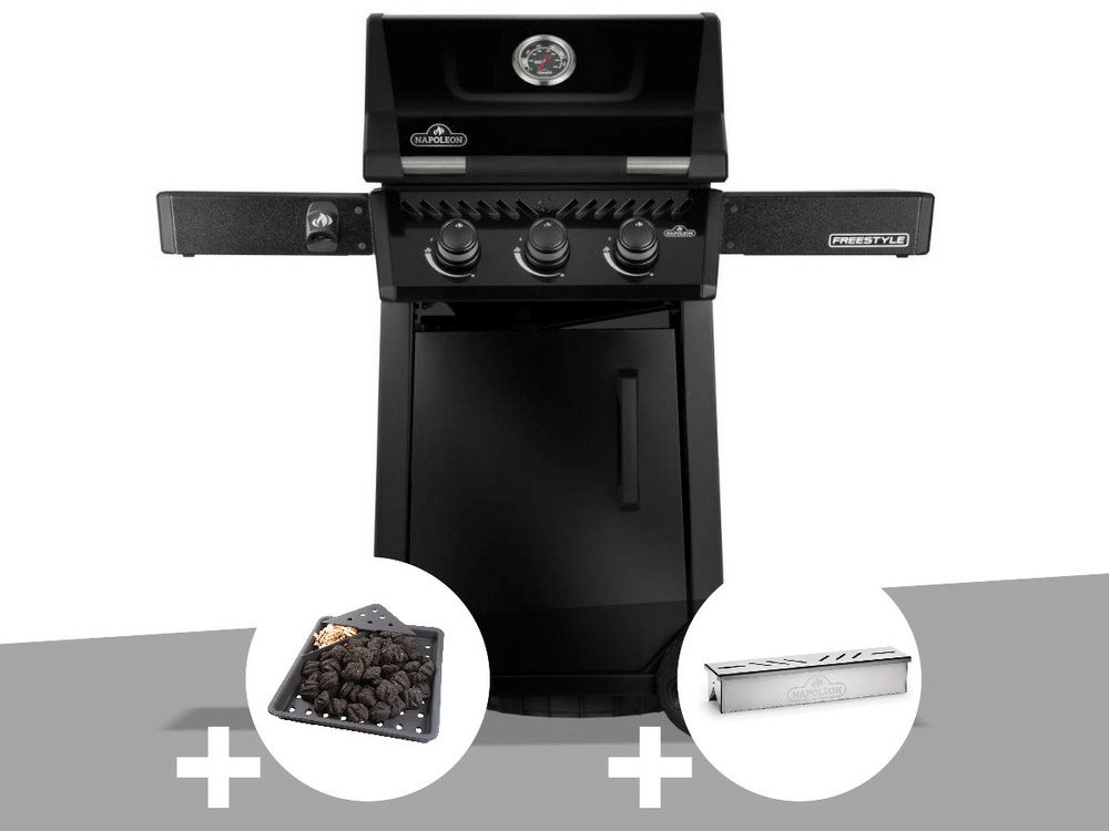 Barbecue gaz freestyle 365 noir 3 brûleurs + plateau charbon + boitier de fumage