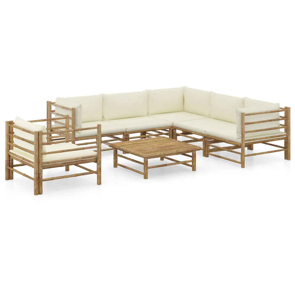 Salon de jardin 7 pcs avec coussins blanc crème bambou