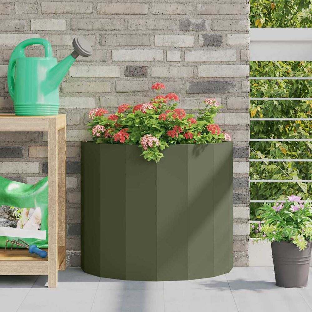 Jardinière demi-ronde acier pour balcon vert olive 60x30x50 cm