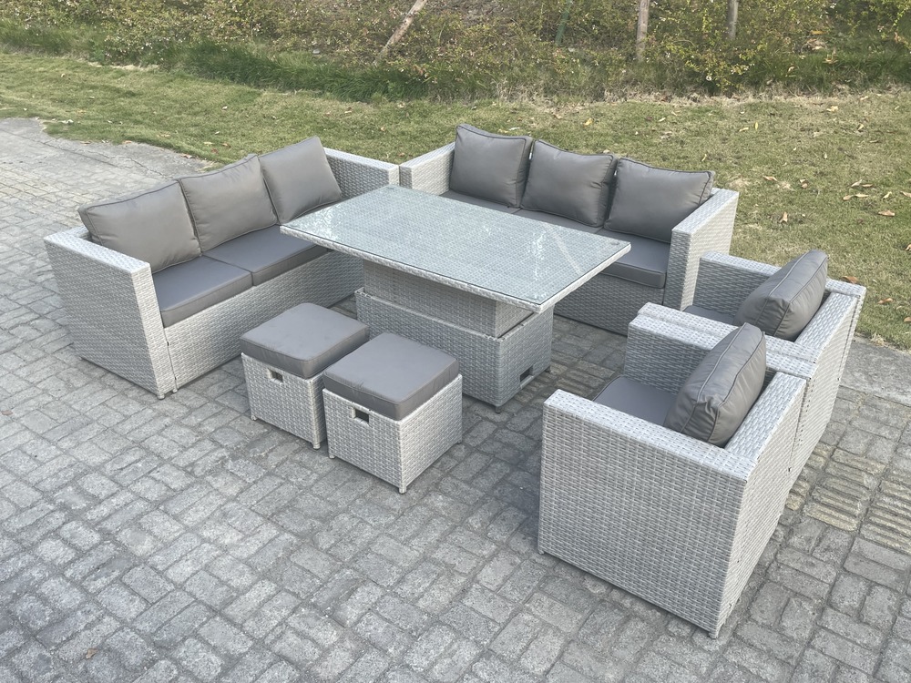 Salon de jardin exterieur table à manger réglable en hauteur ave canapé 2 fauteuil 2 petit tabourets gris clair