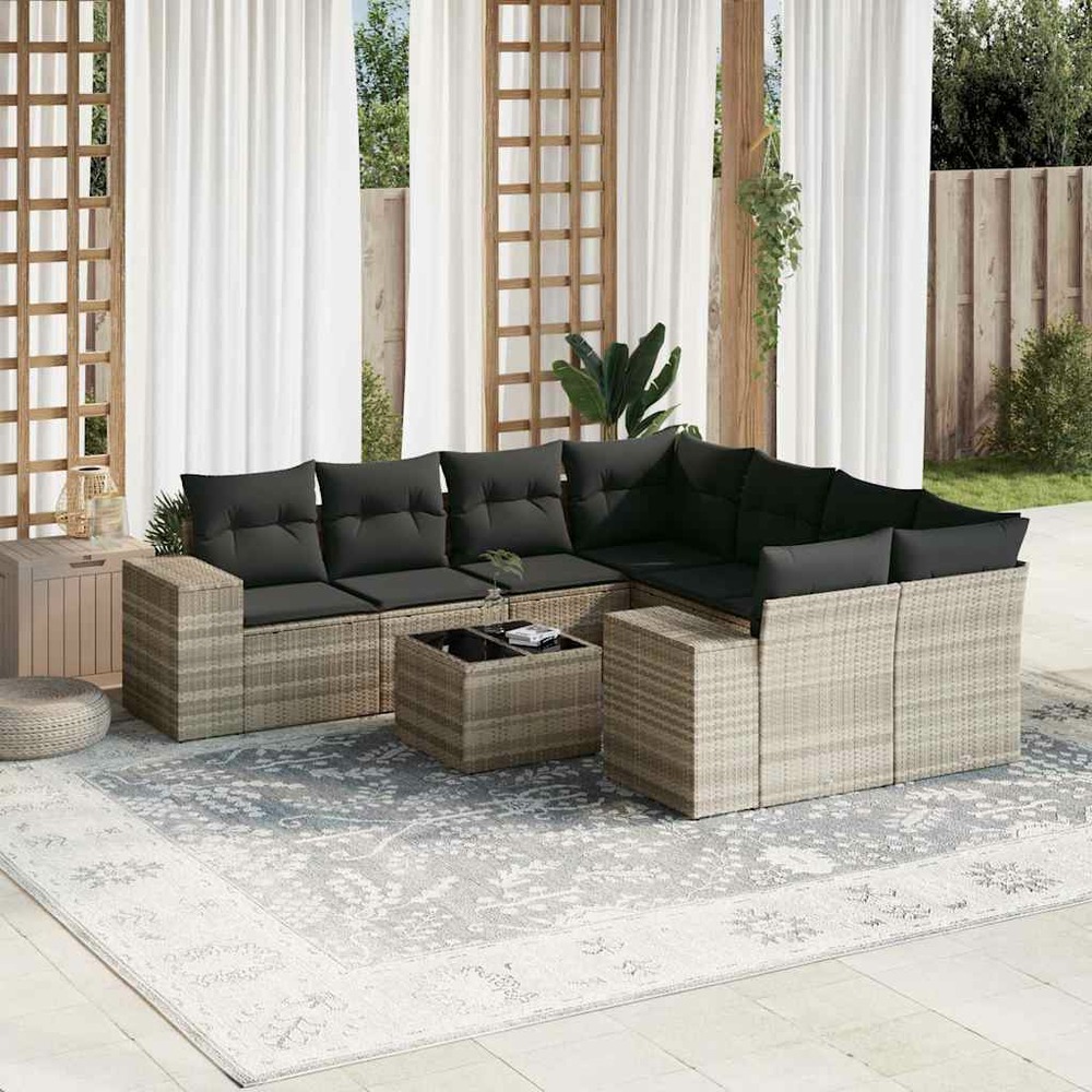 Salon de jardin 9 pcs avec coussins gris clair résine tressée