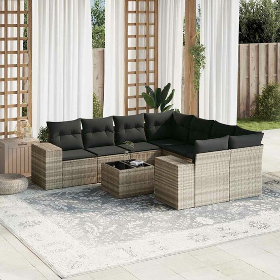 Salon de jardin 9 pcs avec coussins gris clair résine tressée