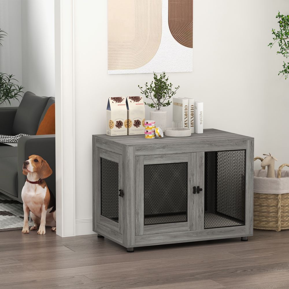 Cage chien meuble intérieur bois métal 2 portes coussin lavable gris 94x60cm
