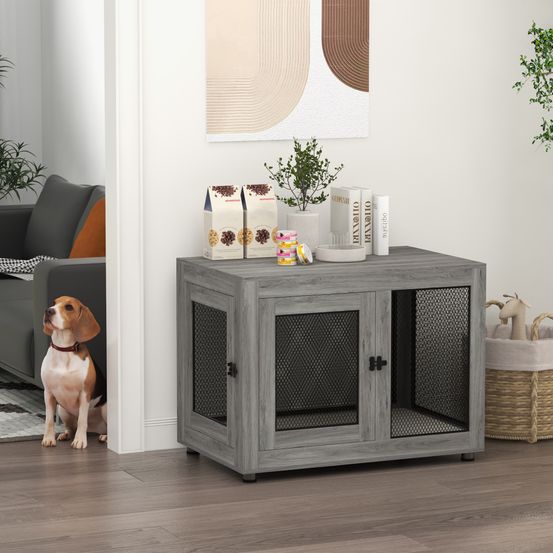 Cage chien meuble intérieur bois métal 2 portes coussin lavable gris 94x60cm