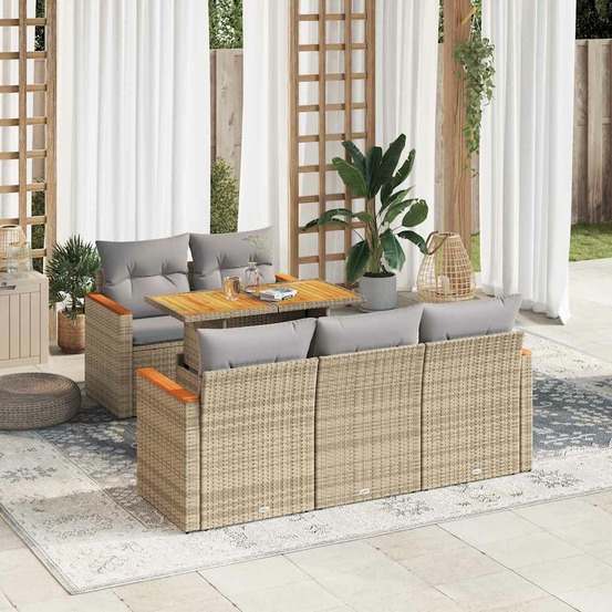 Salon de jardin 6 pcs avec coussins beige résine tressée acacia