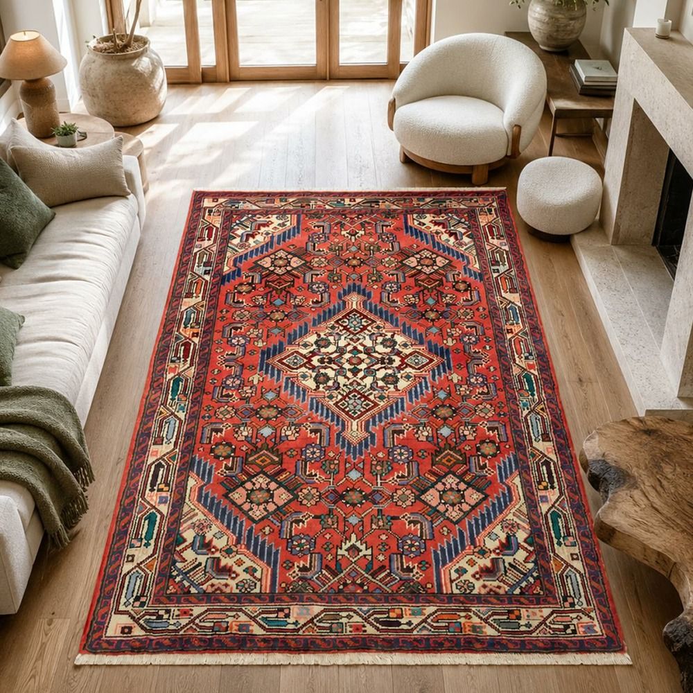 Tapis d'orient 100 x 158 cm, rouge, bleu et crème, noué main, hamadan 25