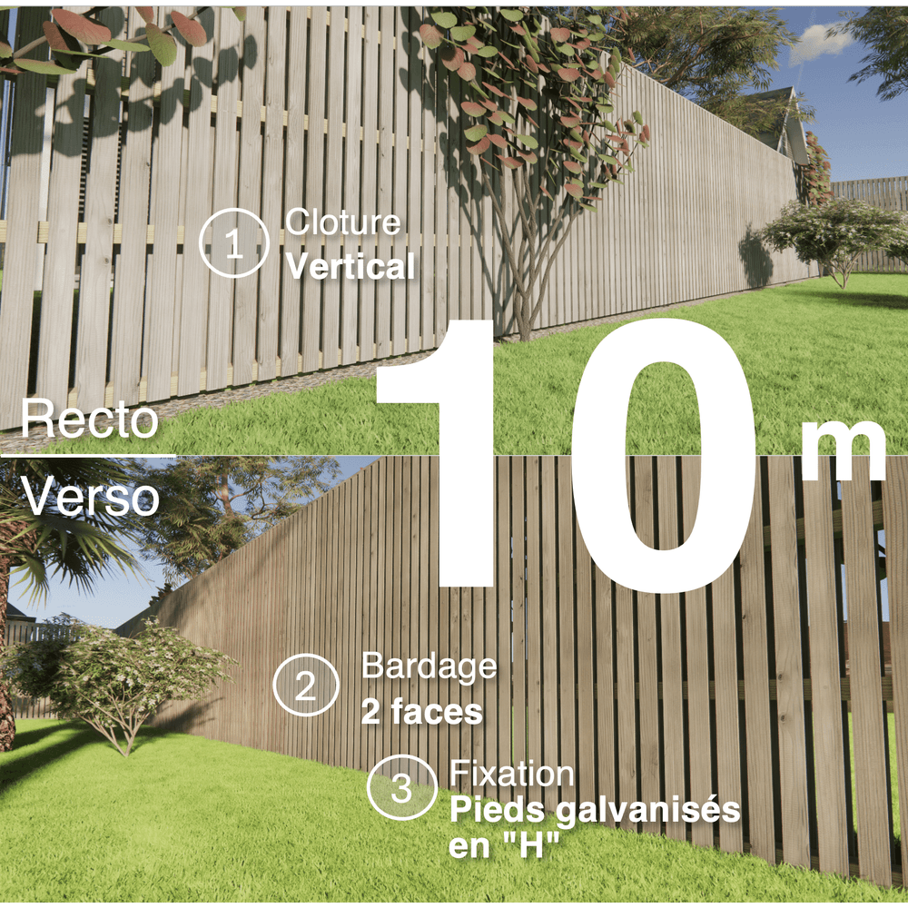 Kit clôture bois moderne 10m – h 2,3m – 20 x 70 mm autoclave gris – pose vertical – double face – support galva