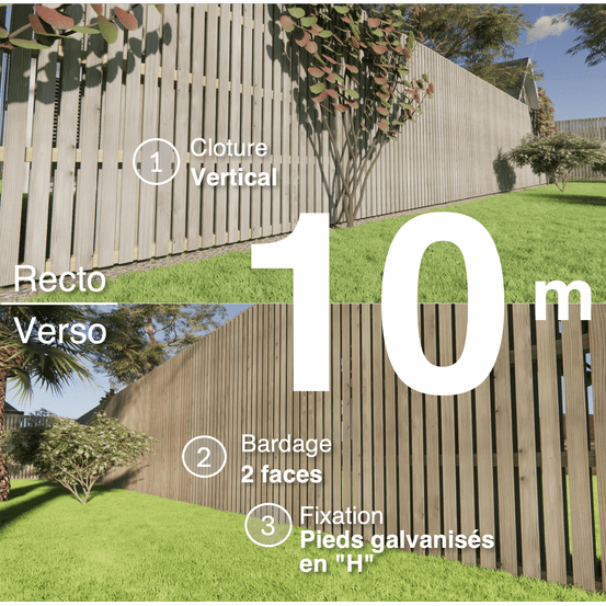 Kit clôture bois moderne 10m – h 2,3m – 20 x 70 mm autoclave gris – pose vertical – double face – support galva