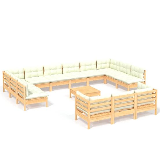Salon de jardin 14 pcs avec coussins crème bois de pin