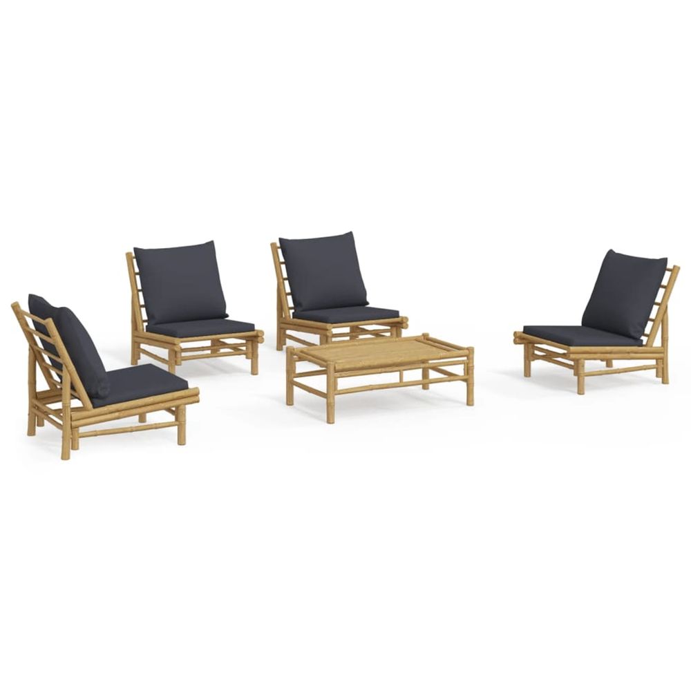 Salon de jardin 5 pcs avec coussins gris foncé bambou