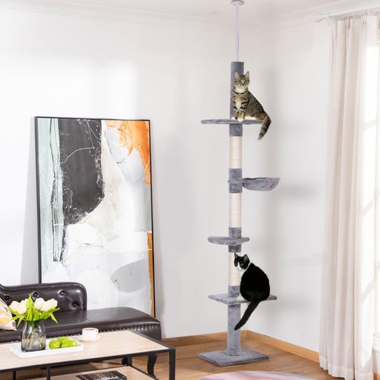 Arbre à chat plafond réglable sisal peluche griffoir 40x34x230-260cm gris - comfortxl pet living