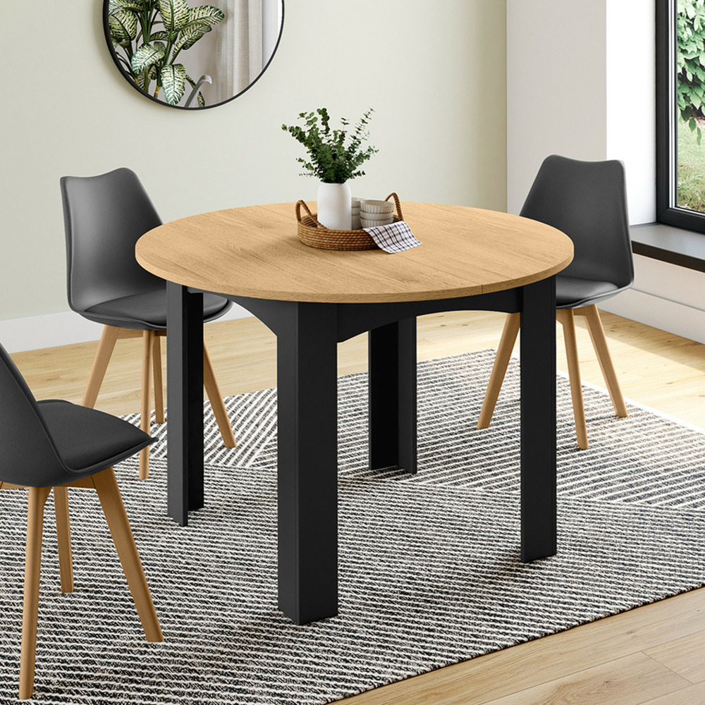Table à manger fixe ronde dona 4-6 personnes noire plateau façon hêtre 110 cm