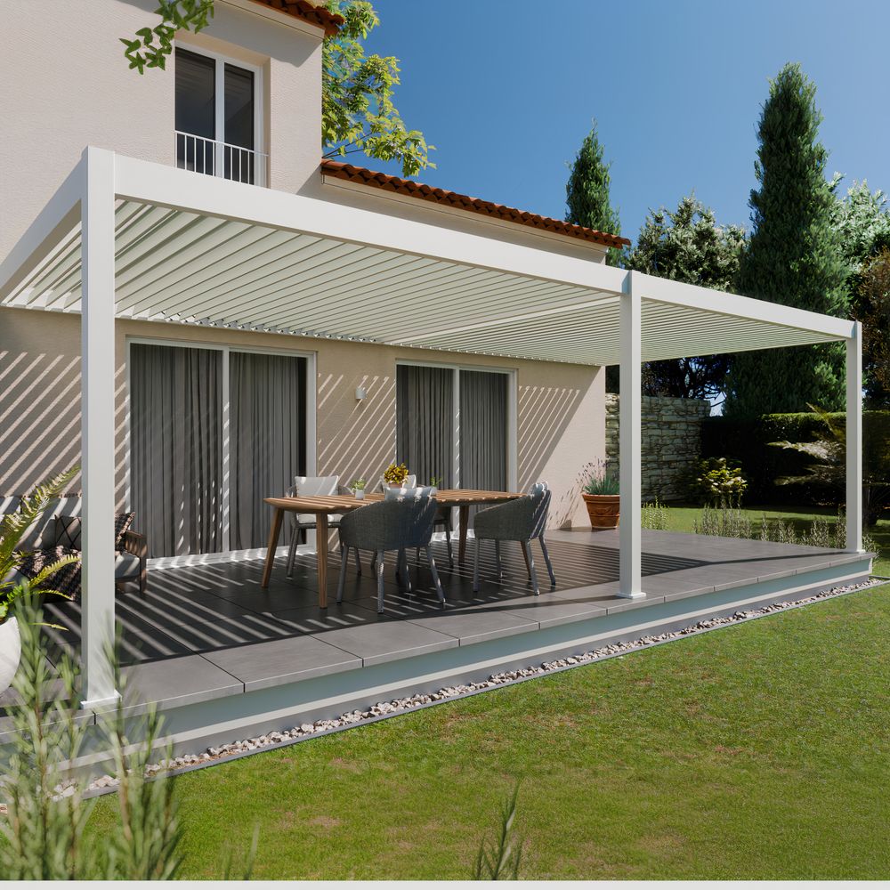 Pergola boclimatique aluminium adossee 32m² - 4x8 - blanc - lames orientables de 0 à 120 degrés - halo 32