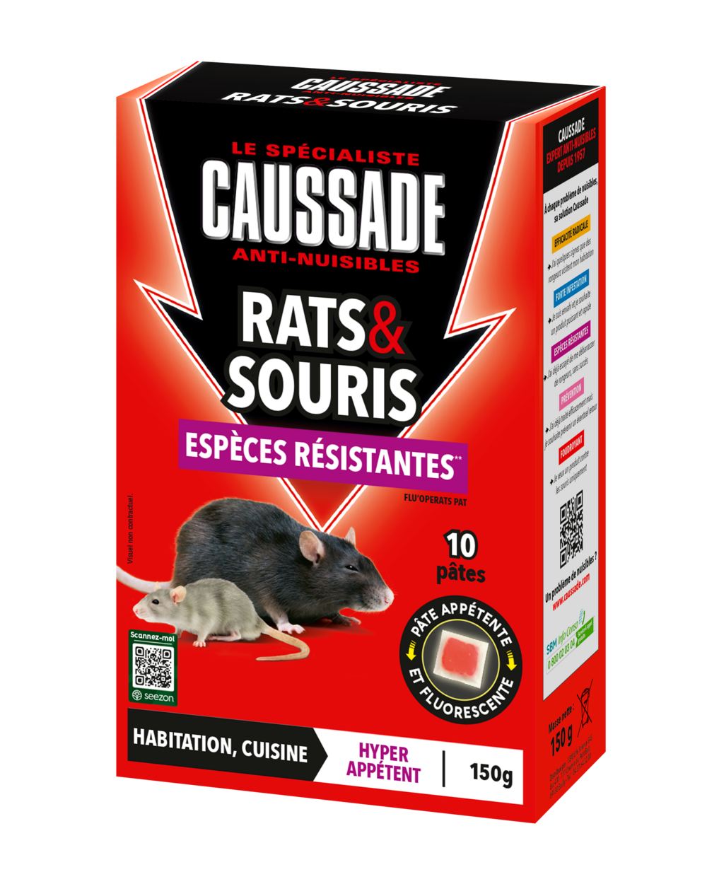 Caussade anti rats & souris - efficacité radicale - lieux secs & humides - 10 sachets pâtes fluorescents - 150g - carsptfluo150