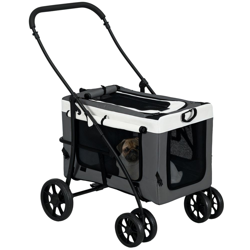 Poussette pliable animaux chien chat nacelle amovible 4 roues gris