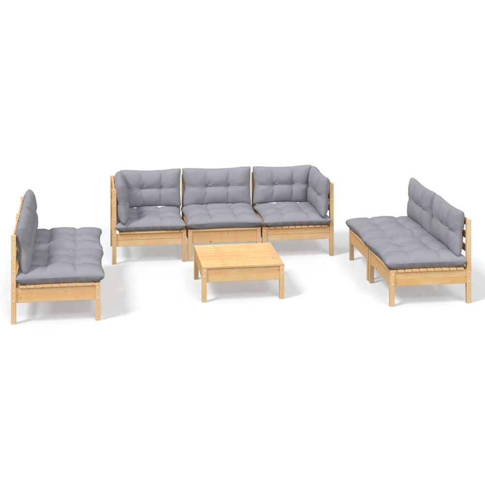 Salon de jardin 8 pcs avec coussins gris bois de pin massif